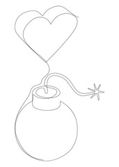 One continuous line of bomb and heart shape. Thin Line Illustration Explosive Love vector concept. Contour Drawing Creative ideas.