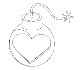 One continuous line of bomb and heart shape. Thin Line Illustration Explosive Love vector concept. Contour Drawing Creative ideas.