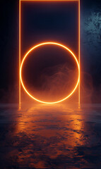 A glowing orange circle portal with smoke on a dark, enigmatic background.