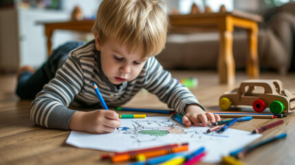 young child is lying on the floor, focused on coloring a drawing with various colored pencils scattered around.