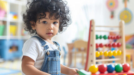 young child is thoughtfully engaged with an abacus, suggesting a learning or play environment.