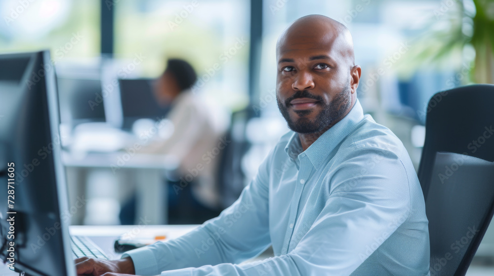 Poster confident individual at a workstation with multiple computer monitors in a modern office.