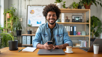 A cheerful entrepreneur in a denim shirt is holding a smartphone at a modern office desk, with a laptop and a tablet in the background.