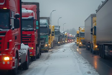 Naklejka premium A Winter’s Tale on the Road Colorful Trucks Lined Up in a Traffic Jam During a Snowy Day, Illuminating the Grey Sky