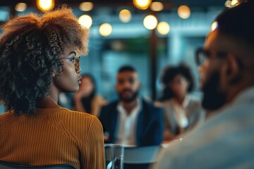 Elegant Evening Event A Diverse Group of Professionals Engaging in a Business Networking Session Amidst Warm Ambient Lighting