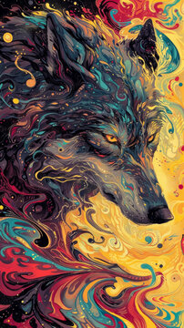 Abstract Wolf with Swirling patterns vibrant color, a Abstract wolf with fluid, ink-blot patterns ,wallpaper background image for cellphone, mobile phone, ios, android