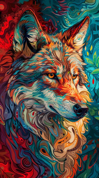 Abstract Wolf with Swirling patterns vibrant color, a Abstract wolf with fluid, ink-blot patterns ,wallpaper background image for cellphone, mobile phone, ios, android