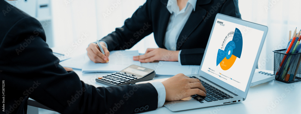 Poster business intelligence analyst team use bi software on laptop to analyze financial data dashboard. bu