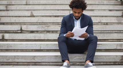 Obraz premium A businessman in a suit is sitting on outdoor stairs, attentively reading a document.