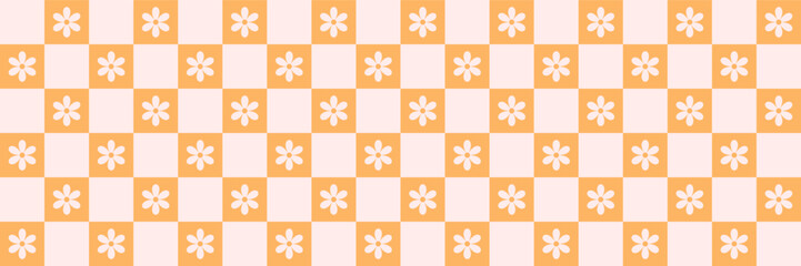 Retro checkerboard groovy seamless pattern with daisy flowers on a pink and orange checkered background. Cute colorful trendy vector illustration in style 70s, 80s for surface design