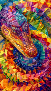Abstract Crocodile with Swirling patterns vibrant color, a Geometric crocodile with angular scales , wallpaper background image for cellphone, mobile phone, ios, android