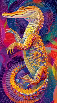 Abstract Crocodile with Swirling patterns vibrant color, a Geometric crocodile with angular scales , wallpaper background image for cellphone, mobile phone, ios, android