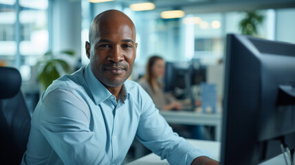 Confident individual at a workstation with multiple computer monitors in a modern office.