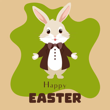 Vector flat illustration of a cute cartoon Easter bunny wearing a jacket and bow tie.
