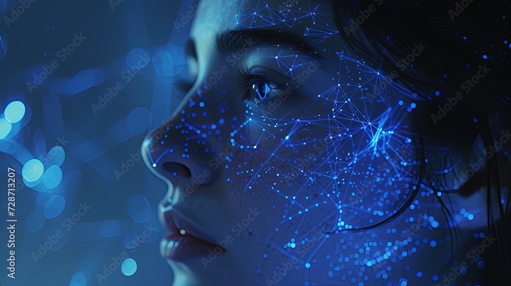Poster digital illustration of a woman's face with advanced face mapping technology, symbolizing futuristic