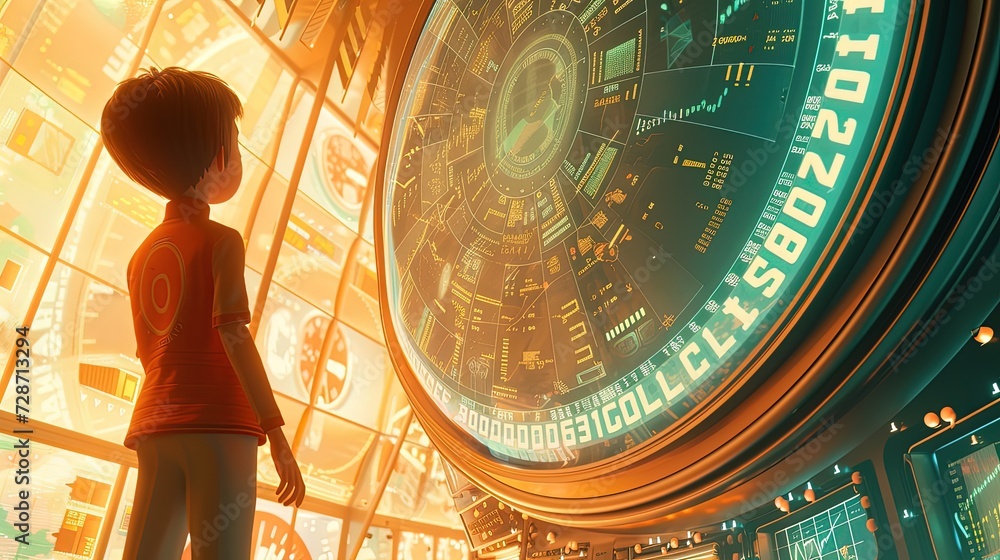 Poster a young child in a futuristic setting gazes at a complex, circular holographic interface displaying 