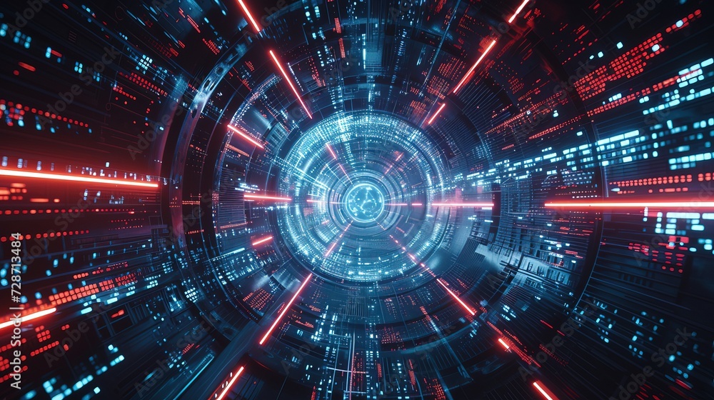 Poster a high-speed journey through a digital data tunnel, illuminated by dynamic red and blue neon lights,