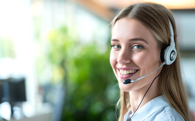 Young friendly operator woman agent with headsets working in a call center.