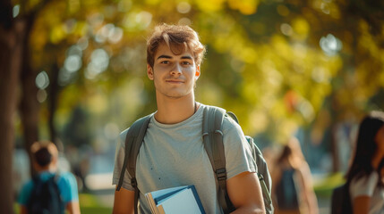 Portrait of male collage student with backpack looking at camera in outdoor park