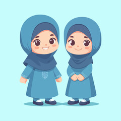 two cute twin muslim girls wear hijab cartoon vector illustration