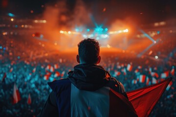 Soccer fan or football fan with flag at cheering while winning match. Generative AI