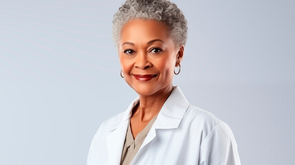 Professional doctor in a white uniform on a gray background. Gray-haired African American woman in...