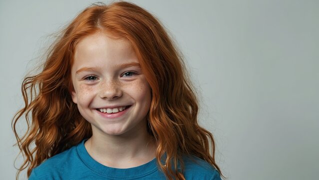 Primer plano de ni&ntilde;a, peliroja, sonriendo, sobre fondo blanco 