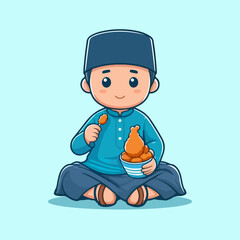 cute muslim boy eating fried chicken on the carpet cartoon vector illustration