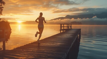 An active woman enjoys an early morning run on a wooden pier, with the tranquil waters of a lake...
