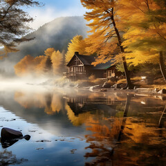 Fototapeta premium Autumn Serenity: Lakeside Cabin in the Misty Morning