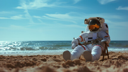 An astronaut in a white space suit is sitting relaxed on the beach sand, enjoying the view of the ocean under a clear blue sky. - obrazy, fototapety, plakaty
