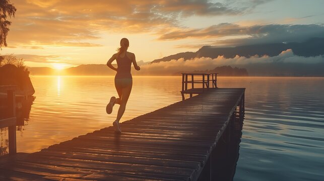 An active woman enjoys an early morning run on a wooden pier, with the tranquil waters of a lake and a beautiful sunrise in the background.