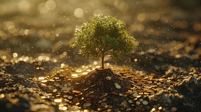 Conceptual artwork depicting a vibrant tree growing from a pile of coins, symbolizing financial growth or investment.