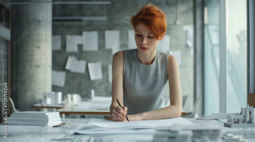 Poster focused woman with short red hair is working on architectural drawings at a drafting table with sket