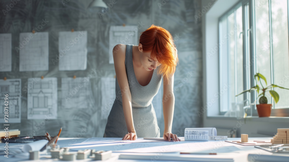 Poster focused woman with short red hair is working on architectural drawings at a drafting table with sket