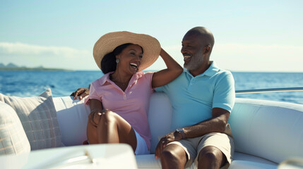 cheerful mature couple enjoying a sunny day on a boat
