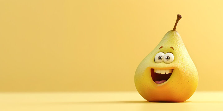 Funny cartoon pear with smiling face on a yellow background with copy space.