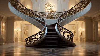 Beautiful majestic staircase. The beauty of a luxury house's interior, featuring an intricately designed intertwining staircase.