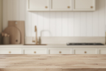 Wooden empty countertop on background of kitchen interior with cooking cabinet