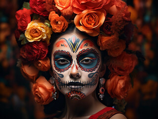 Mexican woman with day of the dead makeup, flowers and skull, mexico holiday 