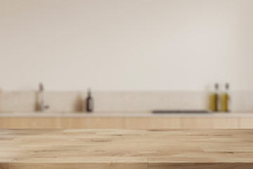 Wooden countertop on background of kitchen interior with kitchenware. Mockup
