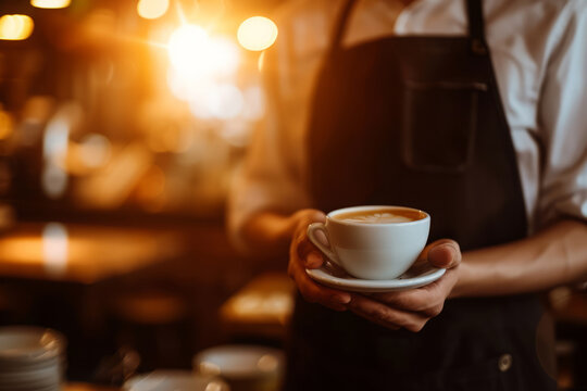 Waiter holding cup of coffee in cafe with morning light, Breakfast in restaurant, Man in apron serving coffee