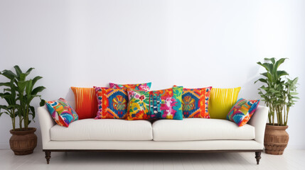 Colorful sofa with colorful pillows near a blank white wall and plants decor modern interior.