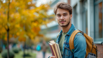 Collage student looking at camera with holding books on his hand, portrait