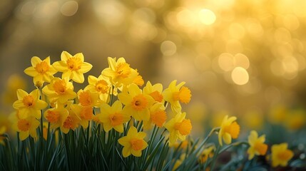 Golden Daffodils with Sunlight Bokeh - spring flowers - copy space