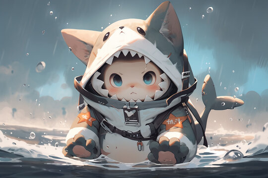 A kitten in a shark costume. AI Generated