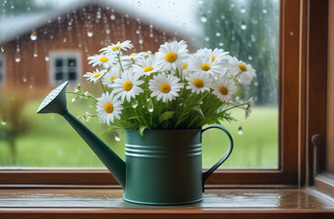 Decorative watering can vase with wildflowers white daisies on a wooden wet window fogged glass with drops after summer rain in spring 