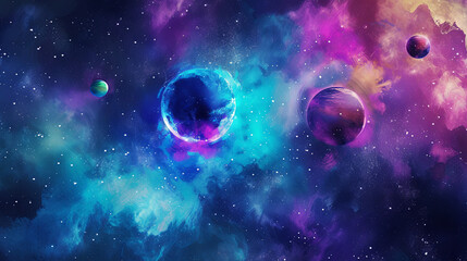 Obraz na płótnie Canvas Vibrant watercolor cosmic scene with planets and nebulae, wallpaper, planets, paint