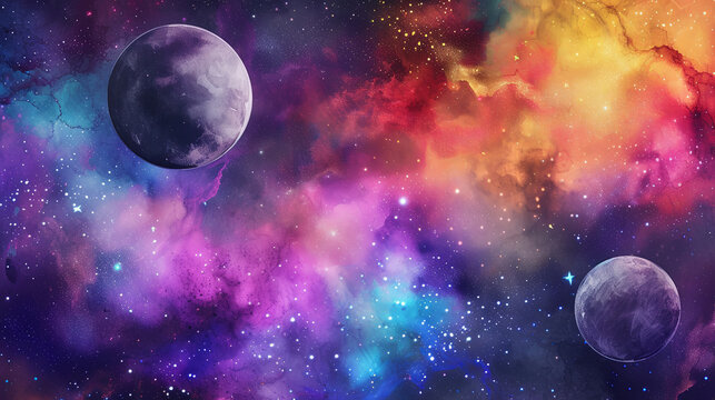 Vibrant watercolor cosmic scene with planets and nebulae, wallpaper, planets, paint