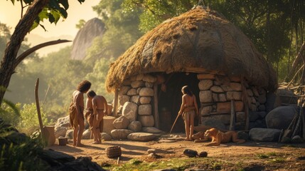 illustration of cavemen or indigenous people in front of a cabin building weapons or making food with white background in high resolution and high quality